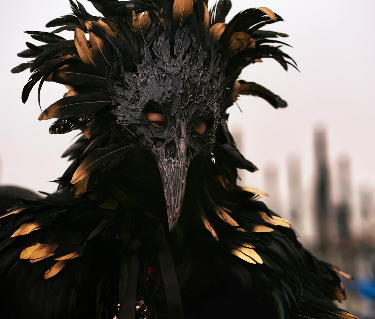 An elaborate bird mask costume with feathers at the Venice Carnival.